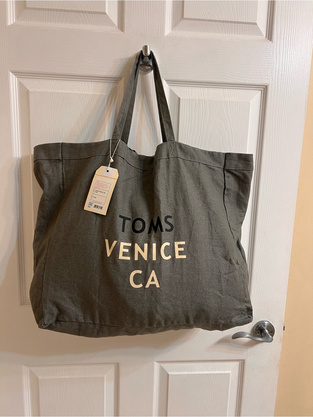 New. TOMS Gray Canvas Tom Venice Ca Tote with Light Blue Logo Accen